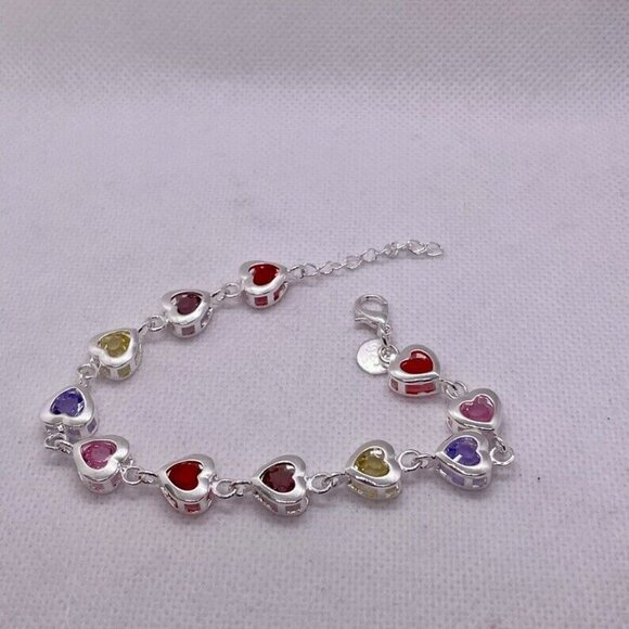 Multi color heart chain bracelet 925 sterling silver 8” adjustable - Picture 5 of 8